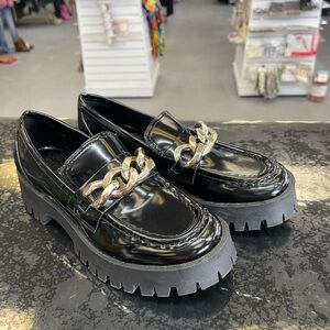 Guess Black Patent Loafers with Gold Chain